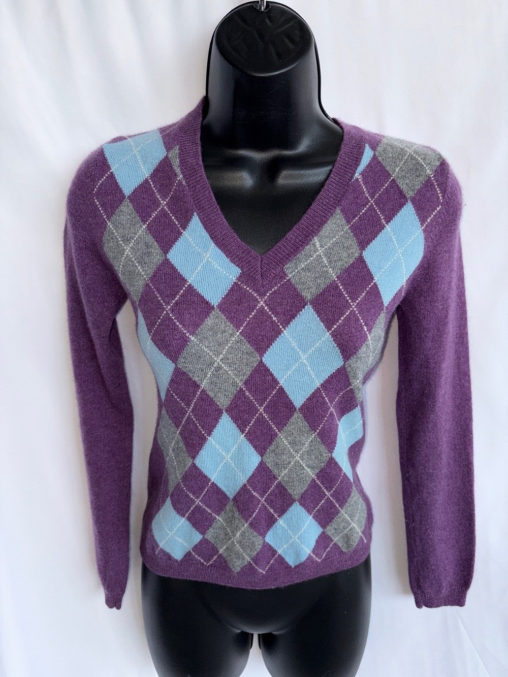 Vintage Simply Cashmere Purple Argyle Sweater, sz S, 16” PTP, 32” L